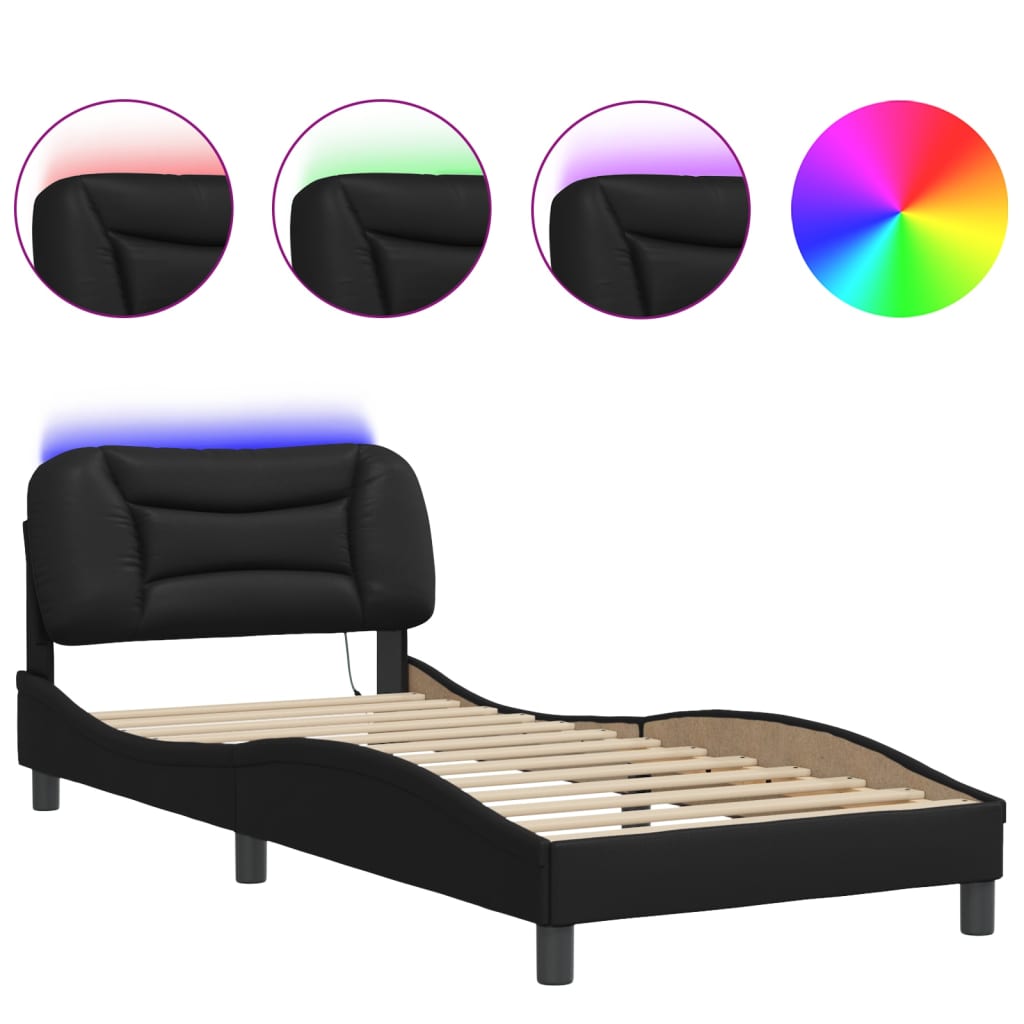 Estrutura de cama de solteiro para adultos com led 90x190 cm preto