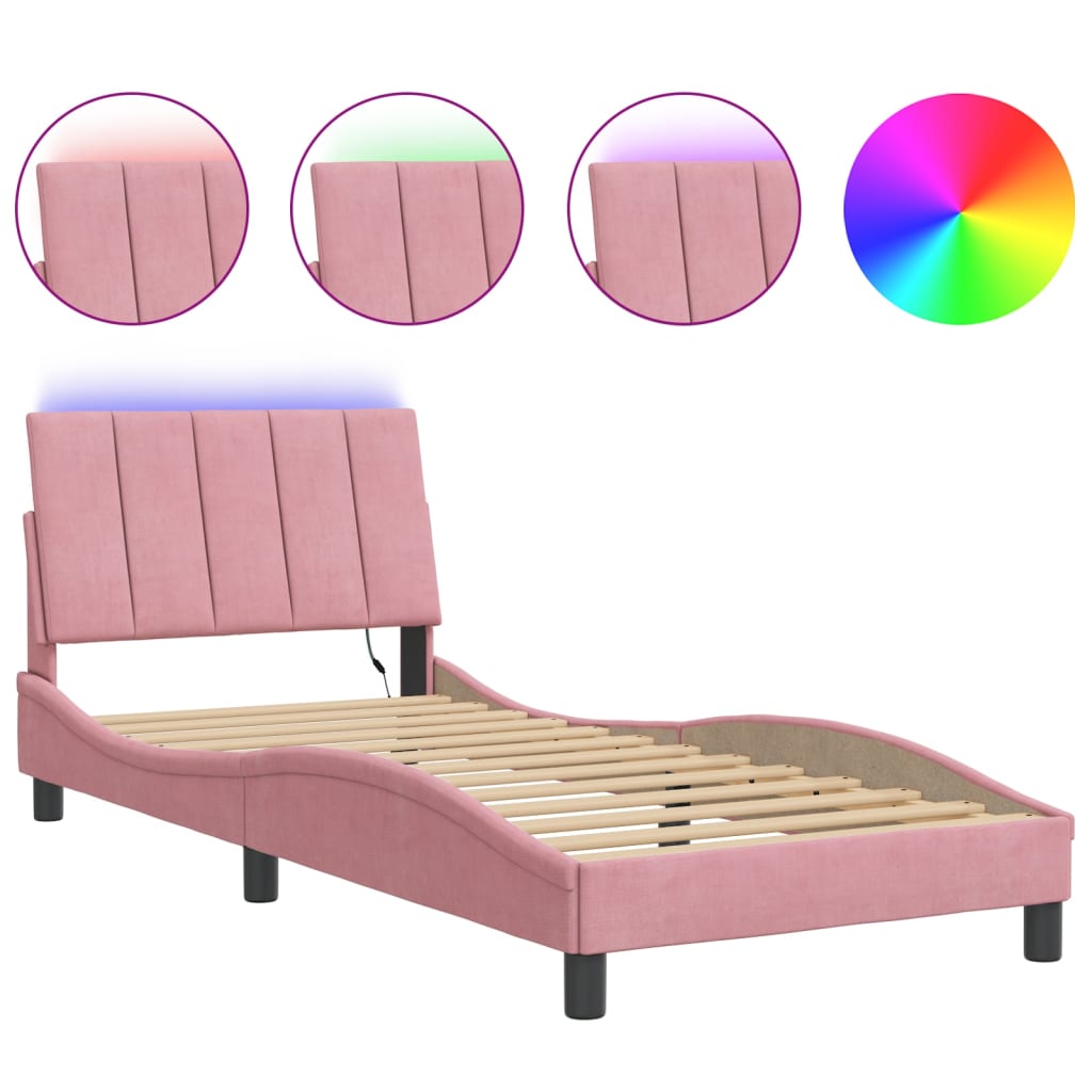 Estrutura de cama de solteiro para adultos com led 90x190 cm veludo rosa