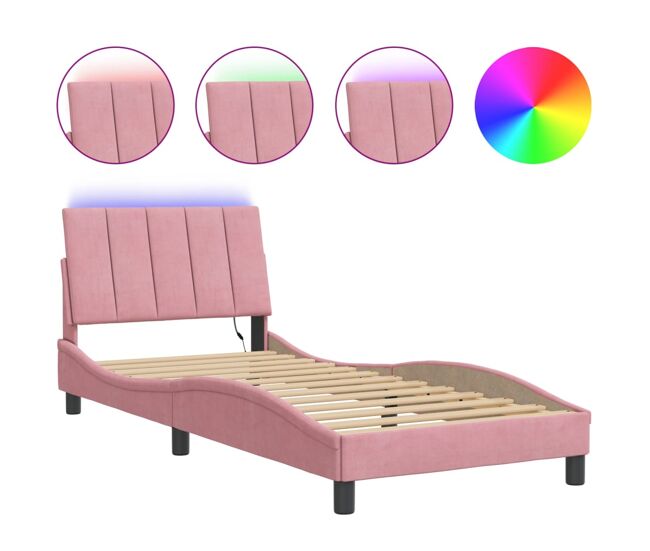 Estrutura de cama de solteiro para adultos com led 90x190 cm veludo rosa