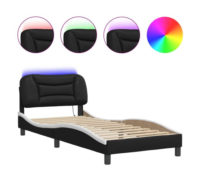 Estrutura de cama de solteiro para adultos com led 90x190 cm preto/branco