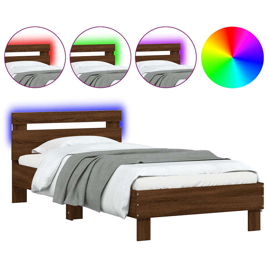 Estrutura de cama de solteiro moderno cabeceira/luzes led 75x190 cm carvalho castanho