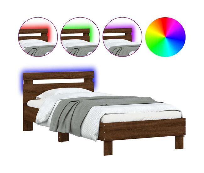 Estrutura de cama de solteiro moderno cabeceira/luzes led 75x190 cm carvalho castanho