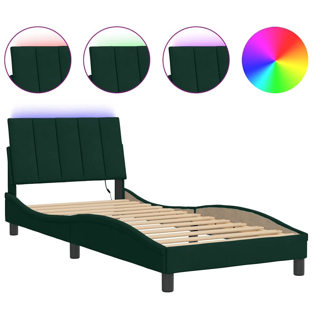 Estrutura de cama de solteiro simple com led 90x190 cm veludo verde-escuro