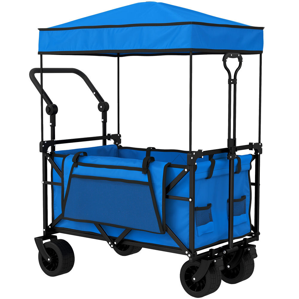 Outsunny carrinho de transporte com rodas grandes travão teto amovível carro dobrável para jardim com barra ajustável porta-copos e bolsos capacidade