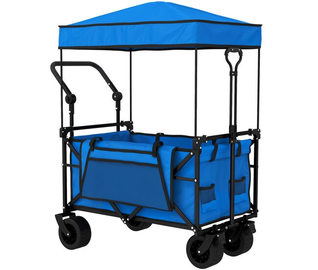 Outsunny carrinho de transporte com rodas grandes travão teto amovível carro dobrável para jardim com barra ajustável porta-copos e bolsos capacidade