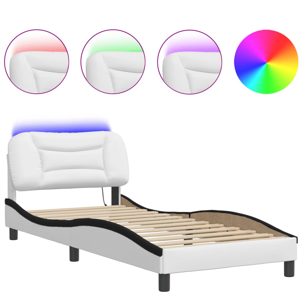 Estrutura de cama de solteiro para adultos com led 90x190 cm branco/preto