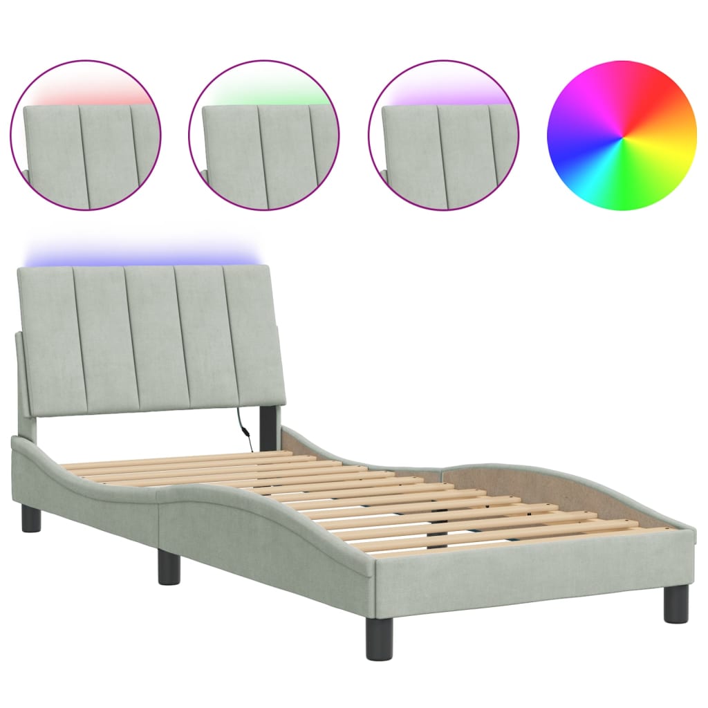 Estrutura de cama de solteiro simple com led 90x200 cm veludo cinzento-claro