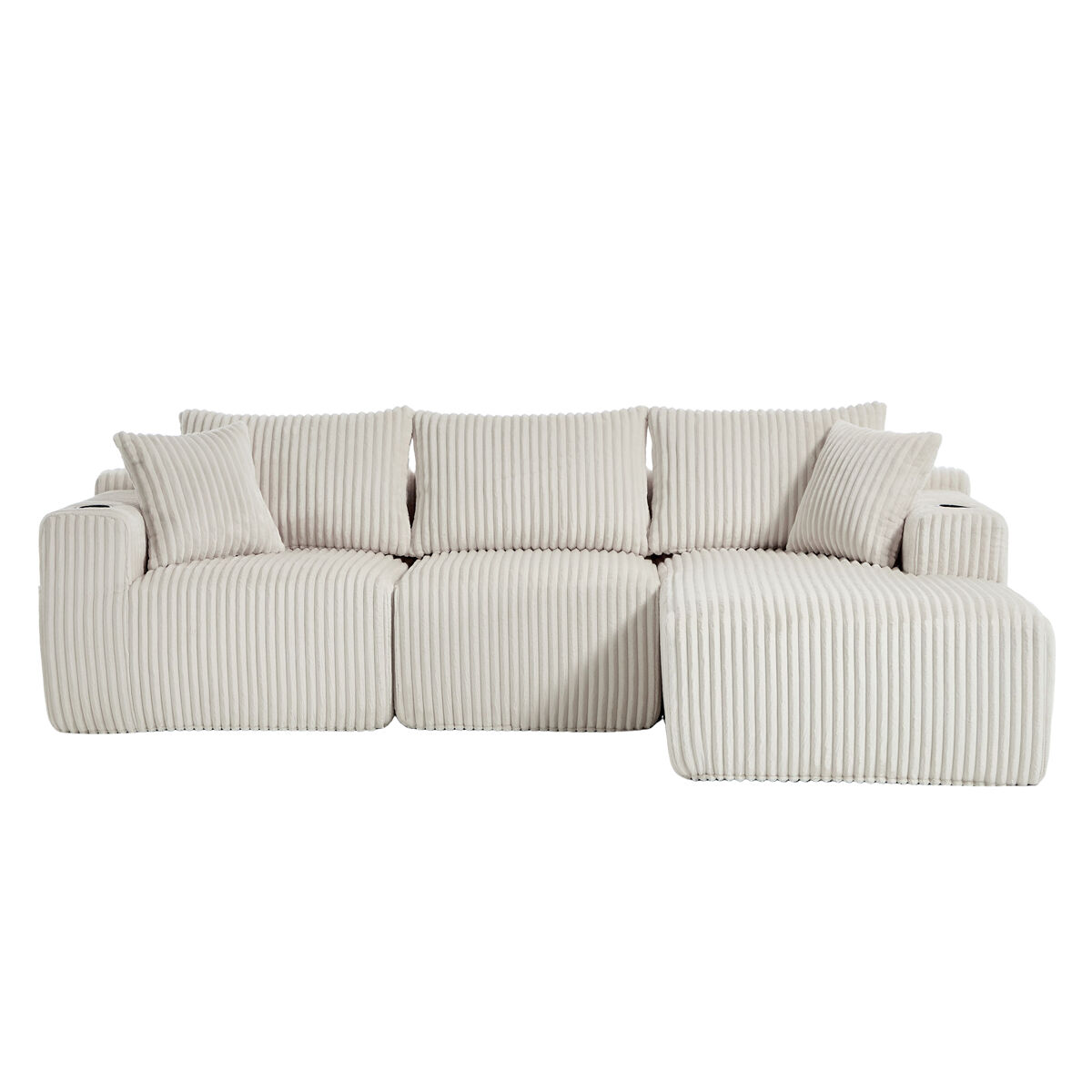 Sofá modular de 3 lugares - com chaise longue, 5 almofadas, bolsos laterais - bege