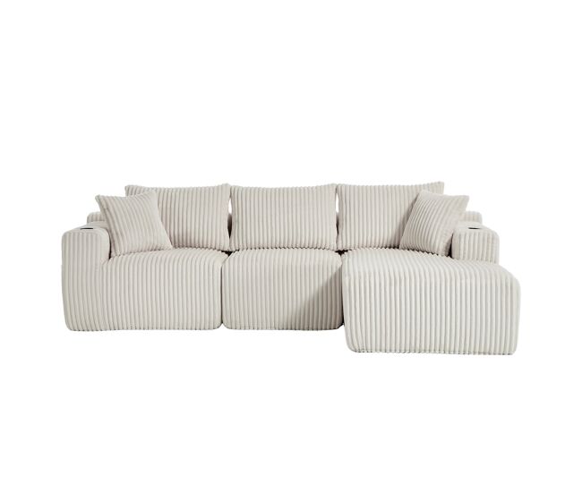 Sofá modular de 3 lugares - com chaise longue, 5 almofadas, bolsos laterais - bege