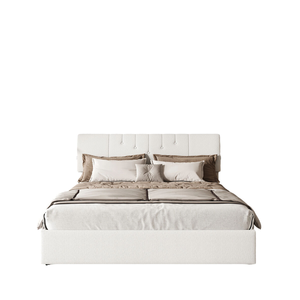 Cama baú elevável 140x190 cm - cabeceira ajustável - usb-c/usb - arrumação integrada - tecido teddy branco