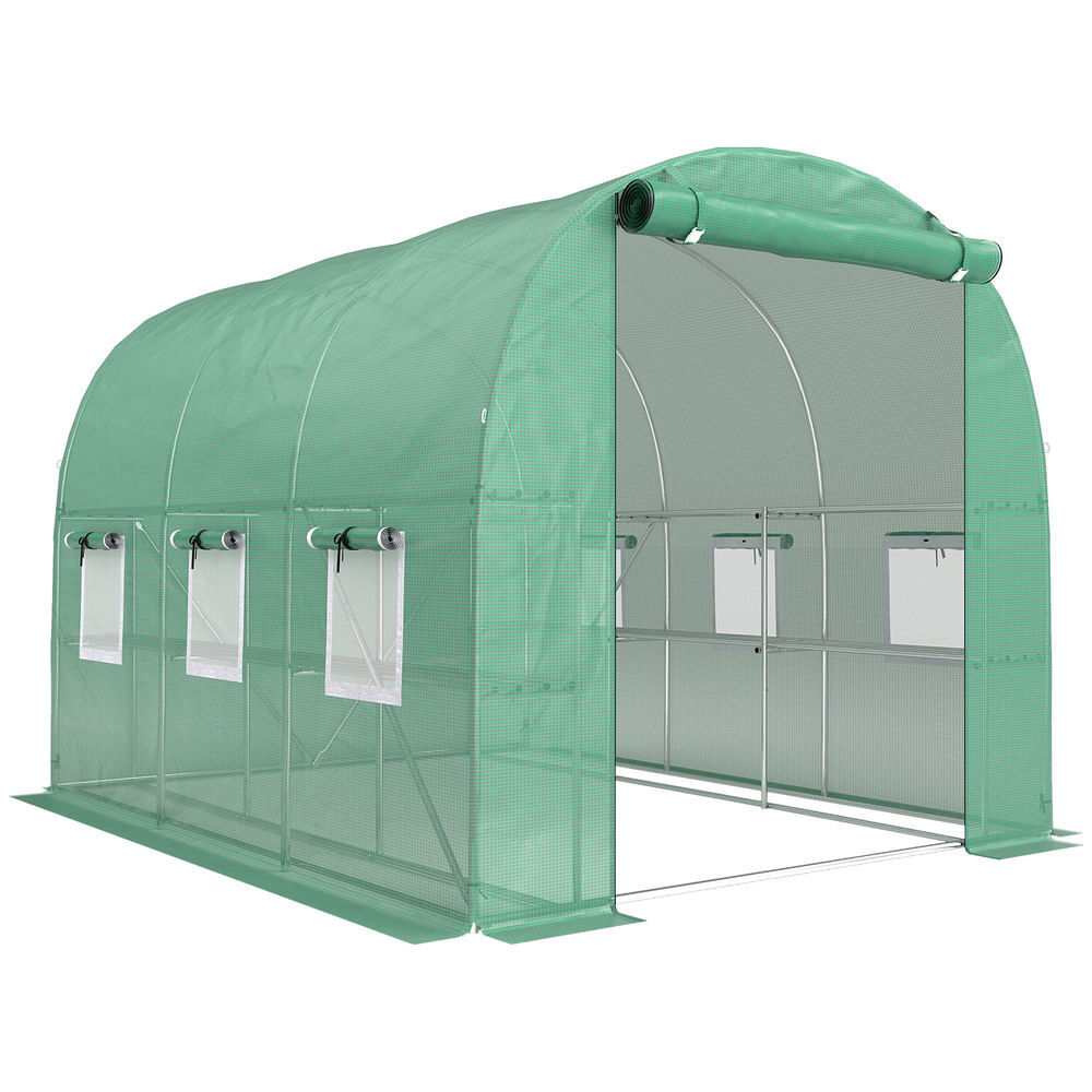 Outsunny estufa de exterior 2,8x2x1,9 m com prateleiras estufa túnel com porta enrolável 6 janelas de rede, cobertura pe e estrutura em aço galvanizado anti-uv, impermeável verde