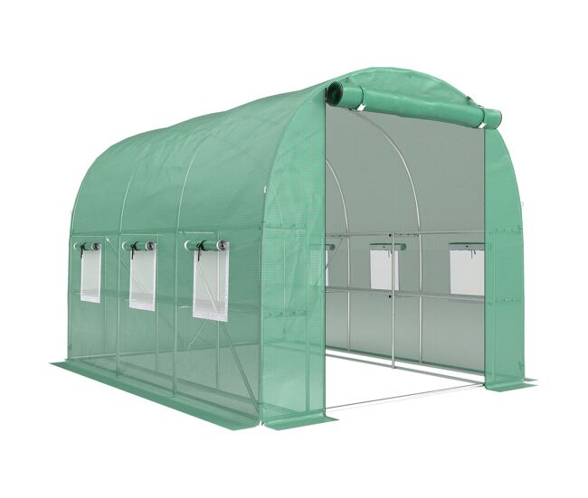 Outsunny estufa de exterior 2,8x2x1,9 m com prateleiras estufa túnel com porta enrolável 6 janelas de rede, cobertura pe e estrutura em aço