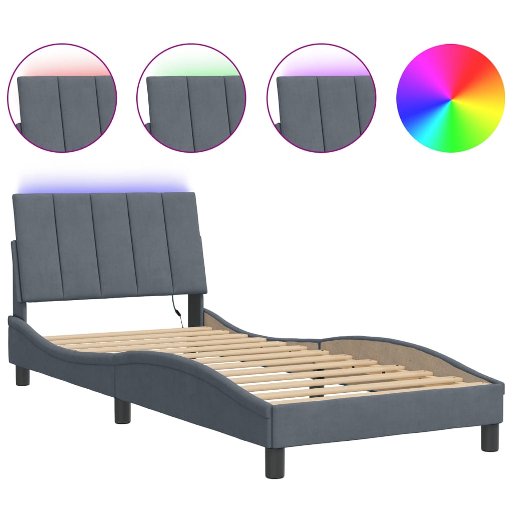 Estrutura de cama de solteiro simple com led 90x190 cm veludo cinzento-escuro