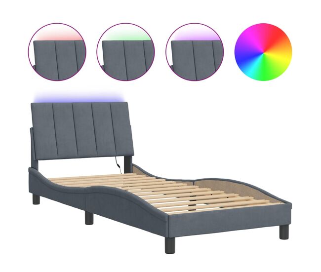 Estrutura de cama de solteiro simple com led 90x190 cm veludo cinzento-escuro