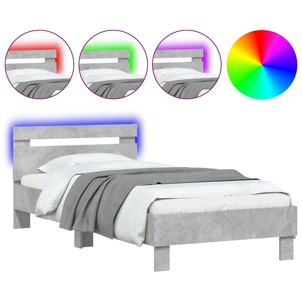 Estrutura de cama de solteiro moderno c/ cabeceira/luzes led 90x190cm cinza cimento