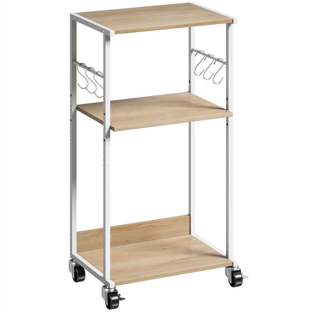 Homcom suporte para impressora de 3 níveis com rodas móvel com ganchos e estrutura metálica estante multiusos para escritório casa 43x30x82 cm madeira