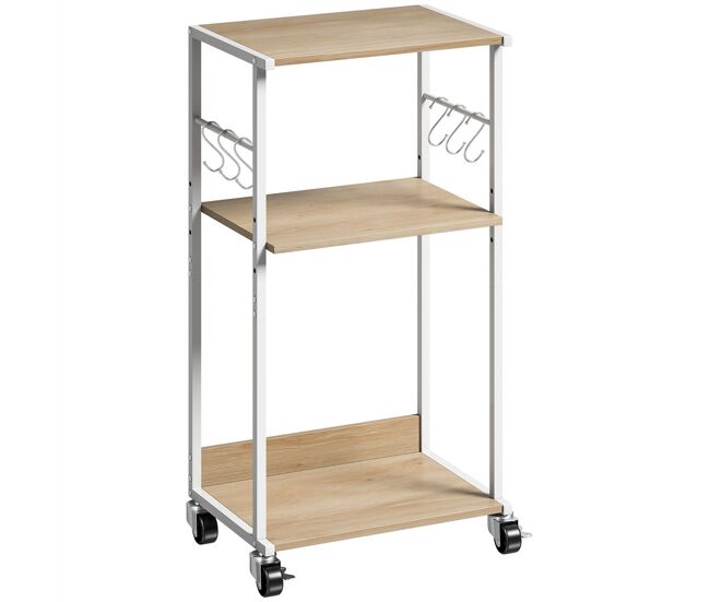 Homcom suporte para impressora de 3 níveis com rodas móvel com ganchos e estrutura metálica estante multiusos para escritório casa 43x30x82 cm madeira