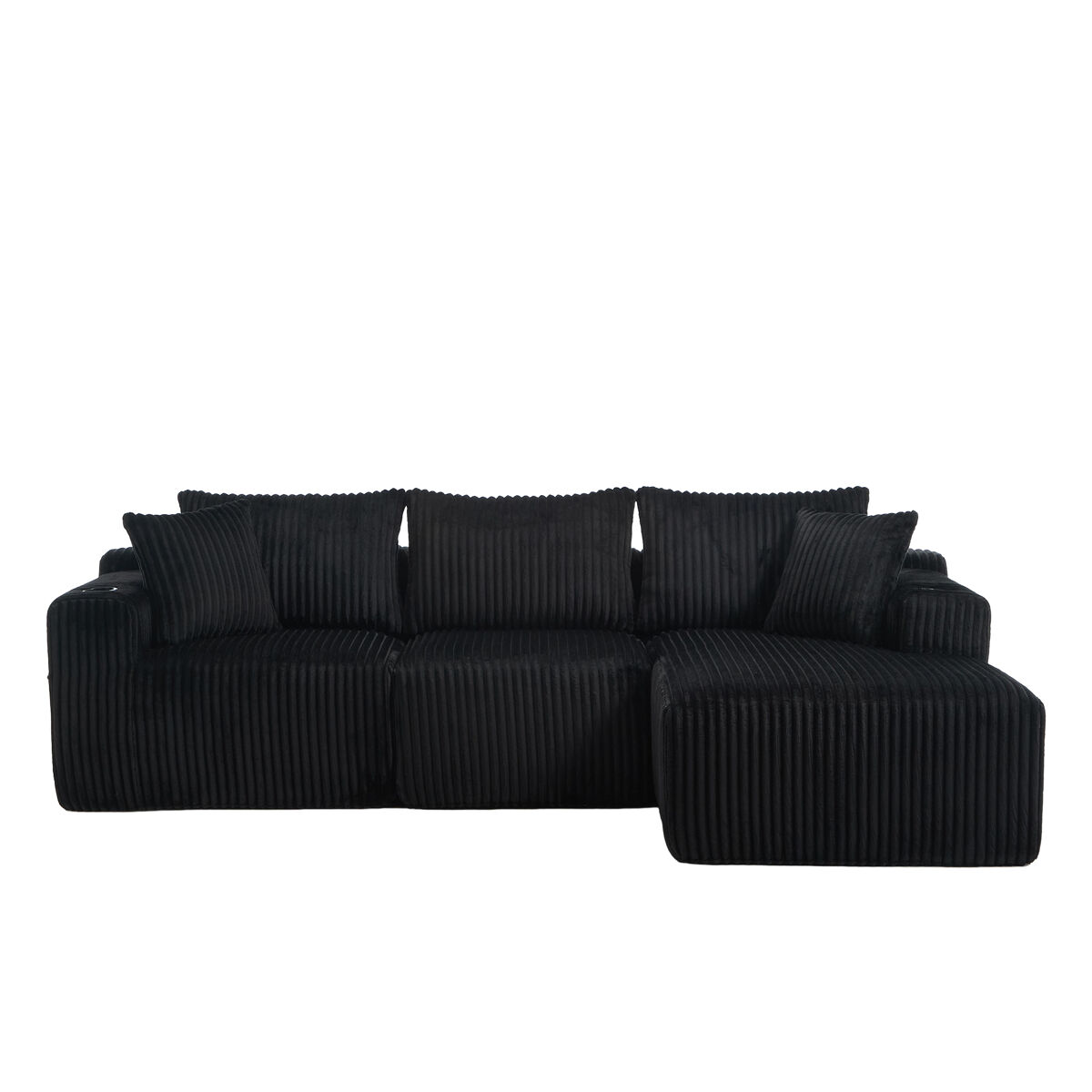Sofá modular de 3 lugares - chaise longue, 5 almofadas, bolsos, suporte para bebidas, espuma densa - preto