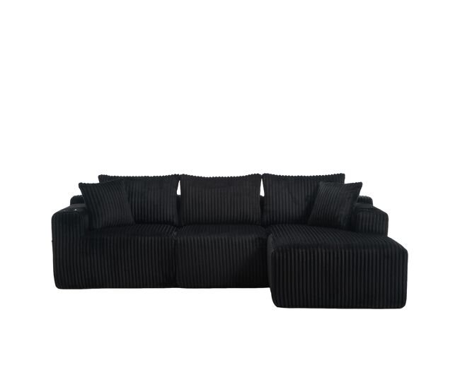 Sofá modular de 3 lugares - chaise longue, 5 almofadas, bolsos, suporte para bebidas, espuma densa - preto