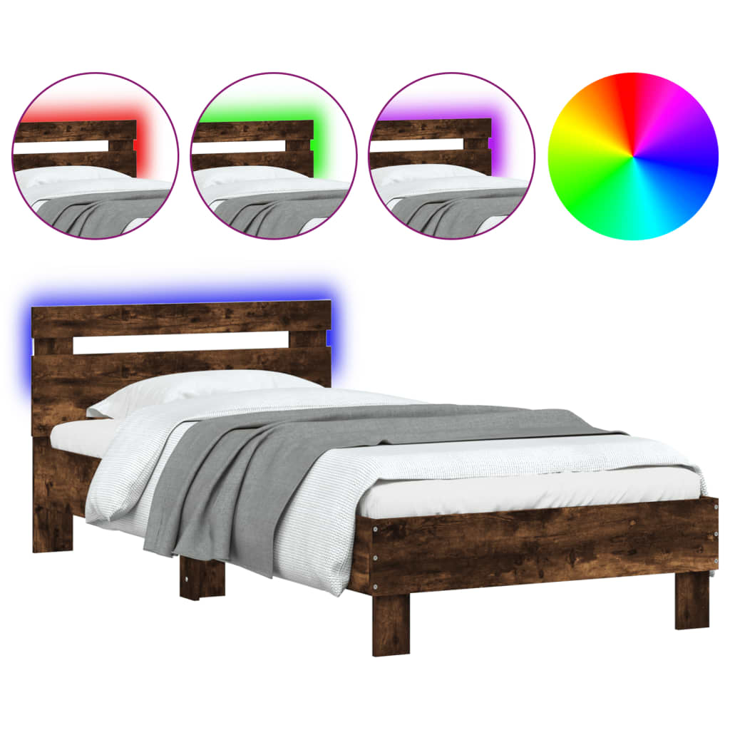 Estrutura de cama de solteiro moderno c/ cabeceira/luzes led 90x190 cm carvalho fumado