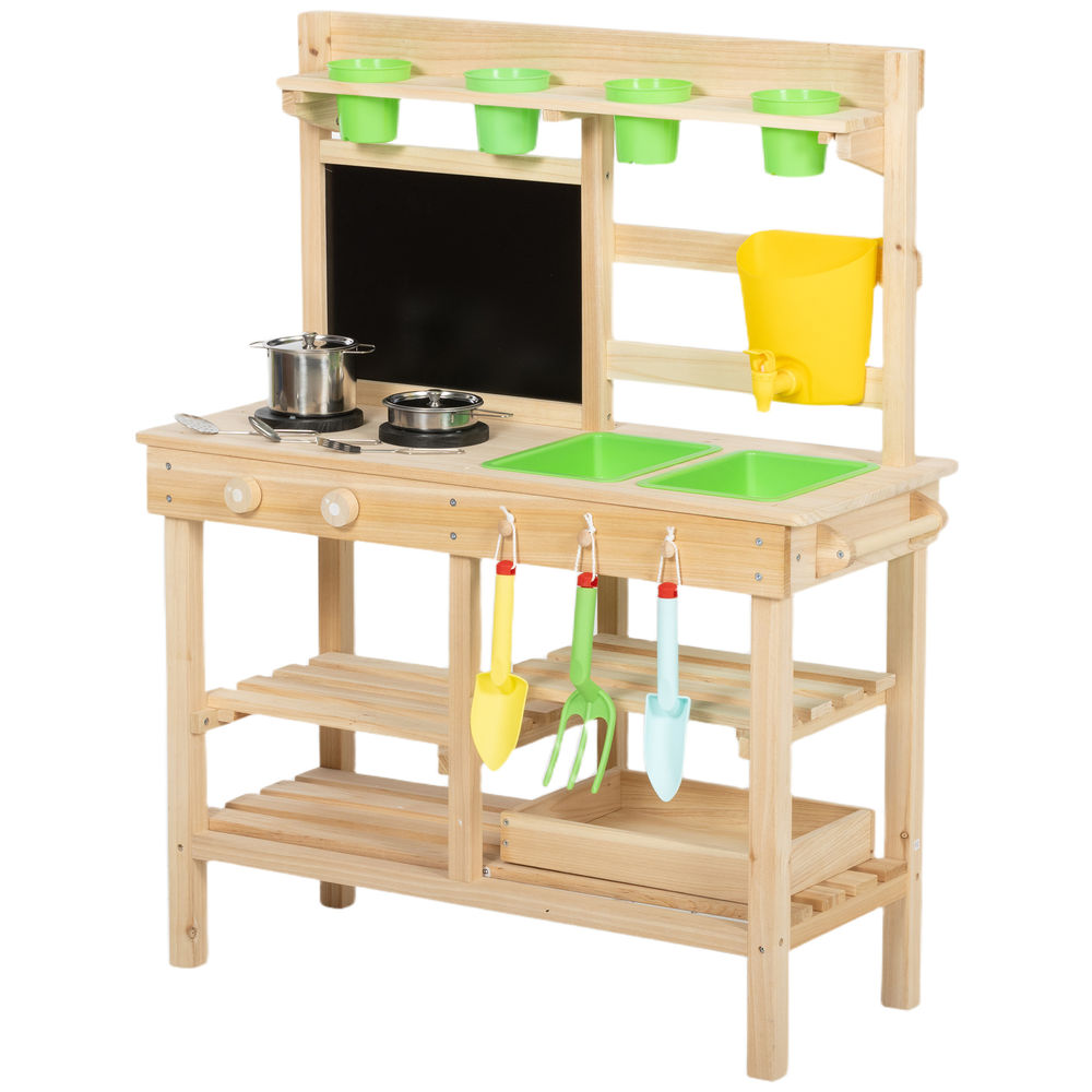 Aiyaplay cozinha de brincar exterior cozinha infantil de madeira com vasos lavatório torneira utensílios de aço inoxidável quadro-negro prateleiras