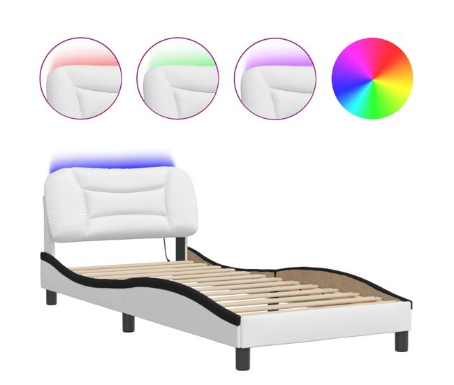 Estrutura de cama de solteiro para adultos com led 90x200cm branco/preto