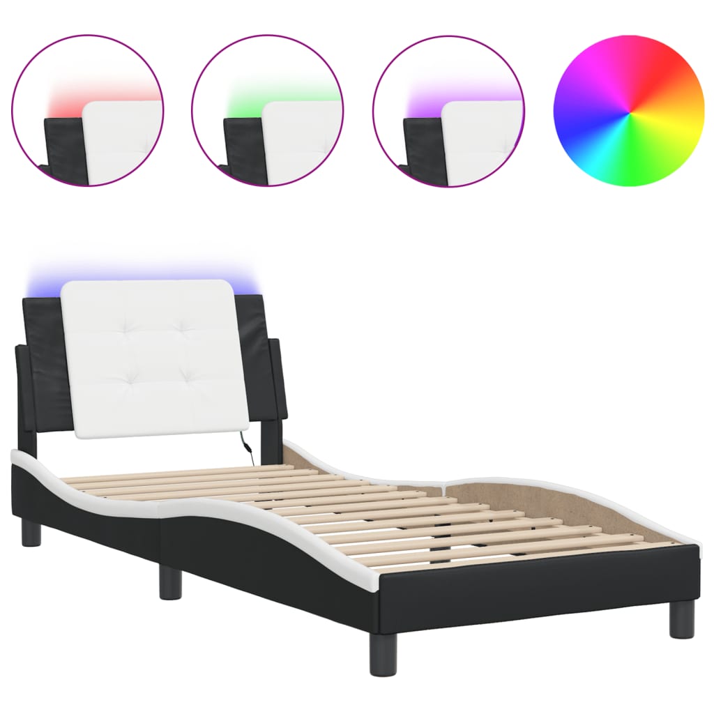 Estrutura de cama de solteiro para adultos com led zadar 90x190 cm preto/branco