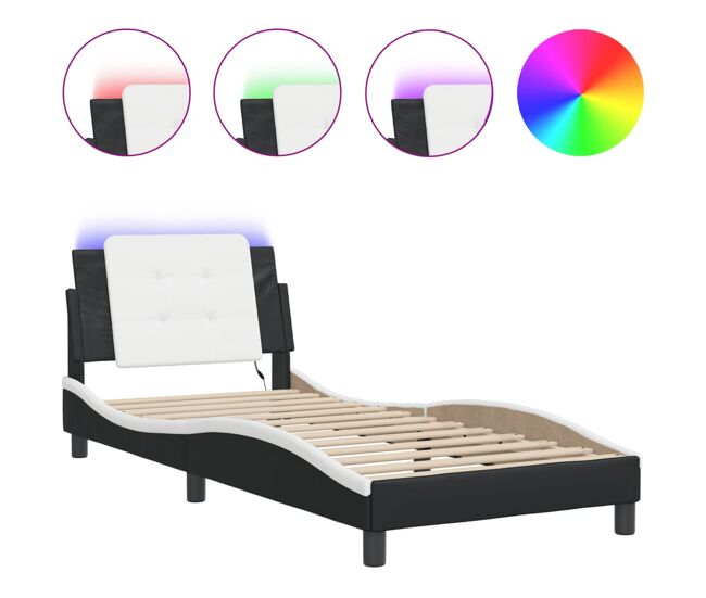 Estrutura de cama de solteiro para adultos com led zadar 90x190 cm preto/branco