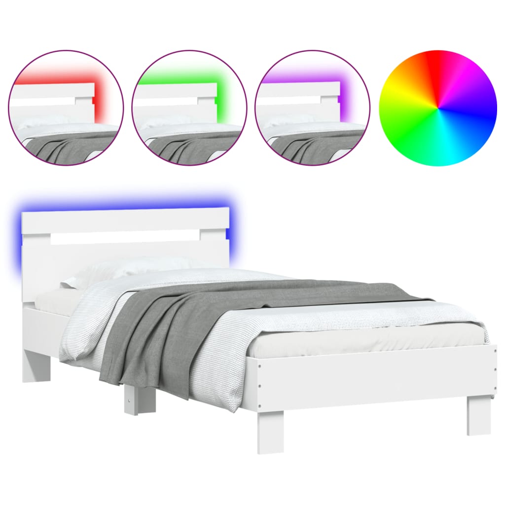 Estrutura de cama de solteiro para adultos c/ cabeceira e luzes led 90x190 cm branco