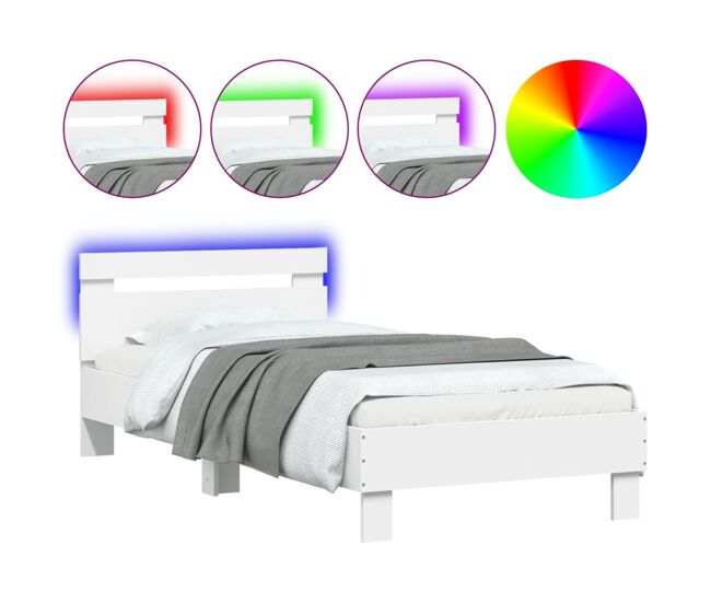 Estrutura de cama de solteiro para adultos c/ cabeceira e luzes led 90x190 cm branco
