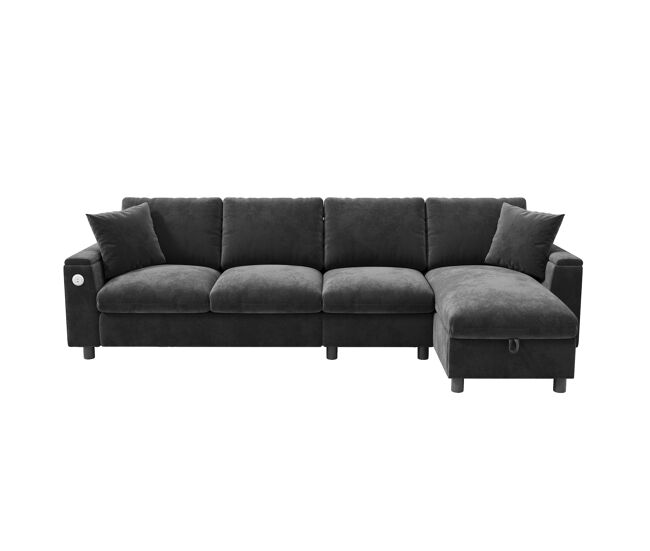 Sofá chenille em forma de l 281x86x71 cm - com mesa extensível, usb, 2 porta-copos - cinza