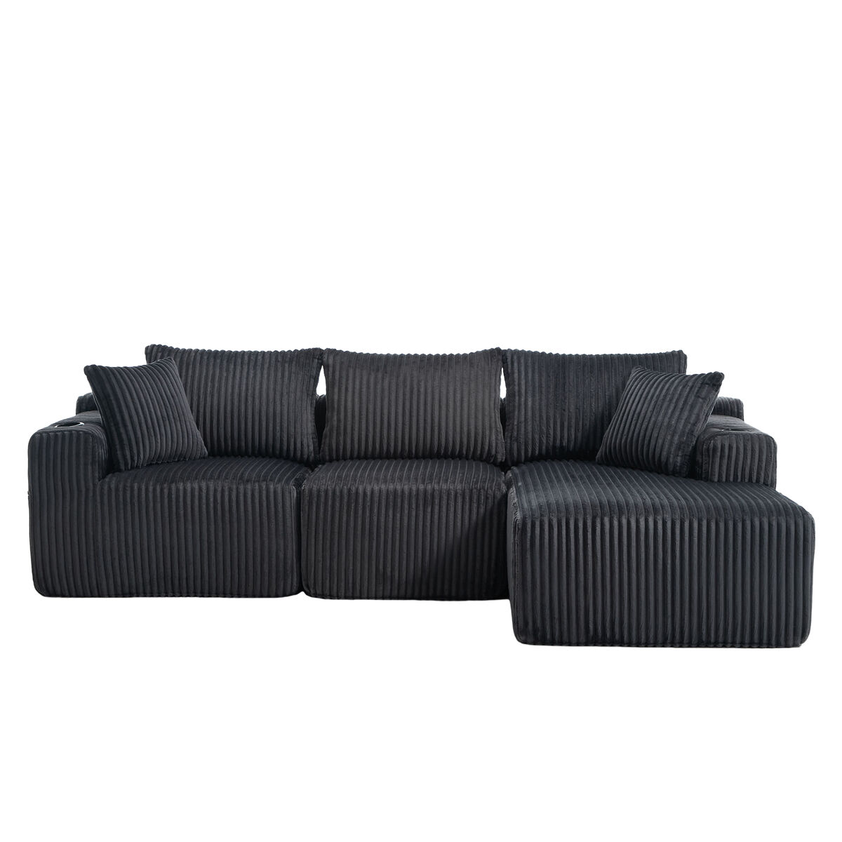 Sofá modular de 3 lugares - chaise longue, 5 almofadas, bolsos laterais, porta-copos - gris
