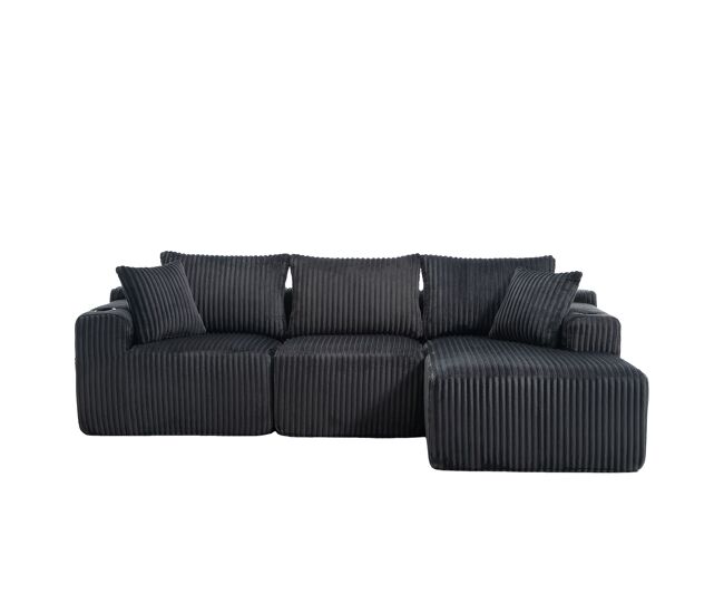 Sofá modular de 3 lugares - chaise longue, 5 almofadas, bolsos laterais, porta-copos - gris