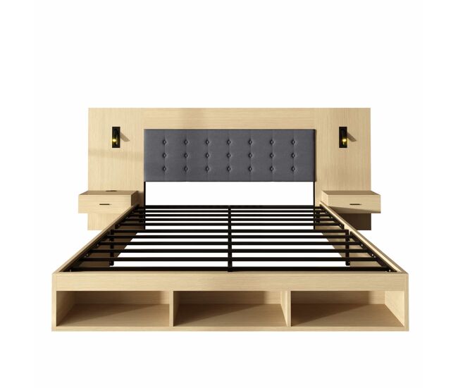 Cama de casal 160x200 cm - com arrumação, em madeira, estilo juvenil, usb e type-c, candeeiro de leitura, 2 mesas de cabeceira - carvalho claro