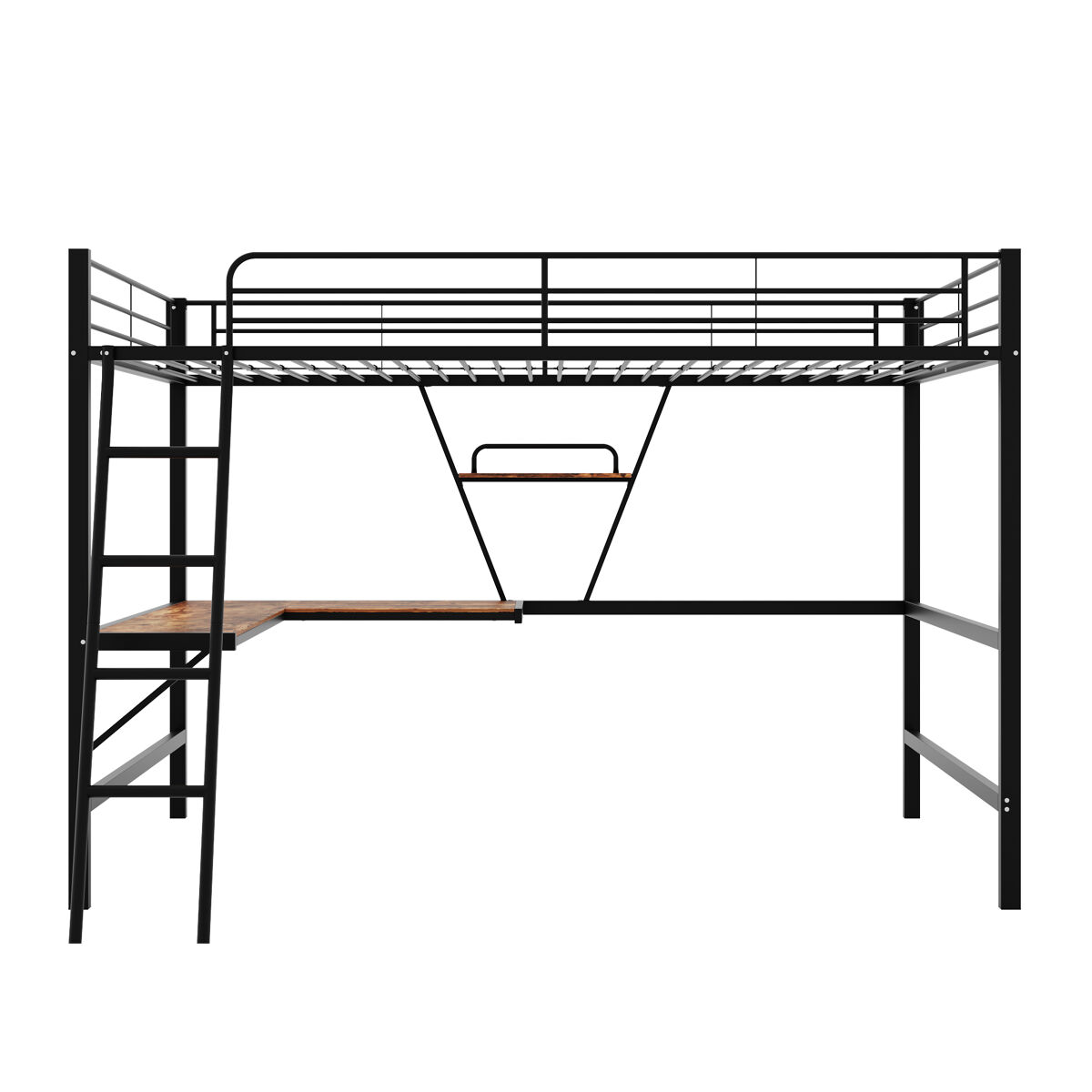Cama mezzanine em ferro - 90x200 cm - com secretária de canto e prateleira - preto