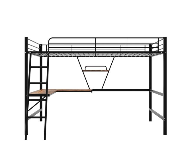 Cama mezzanine em ferro - 90x200 cm - com secretária de canto e prateleira - preto