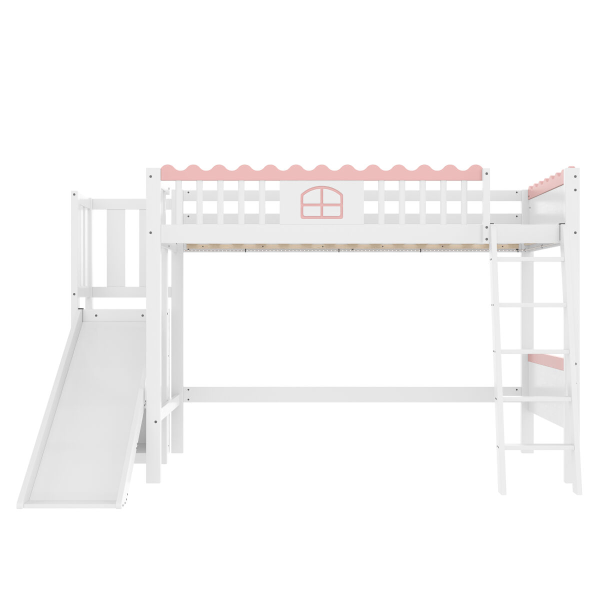 Cama alta infantil 90x200 - com led, prateleiras, escorregador, certificado en747 - branco