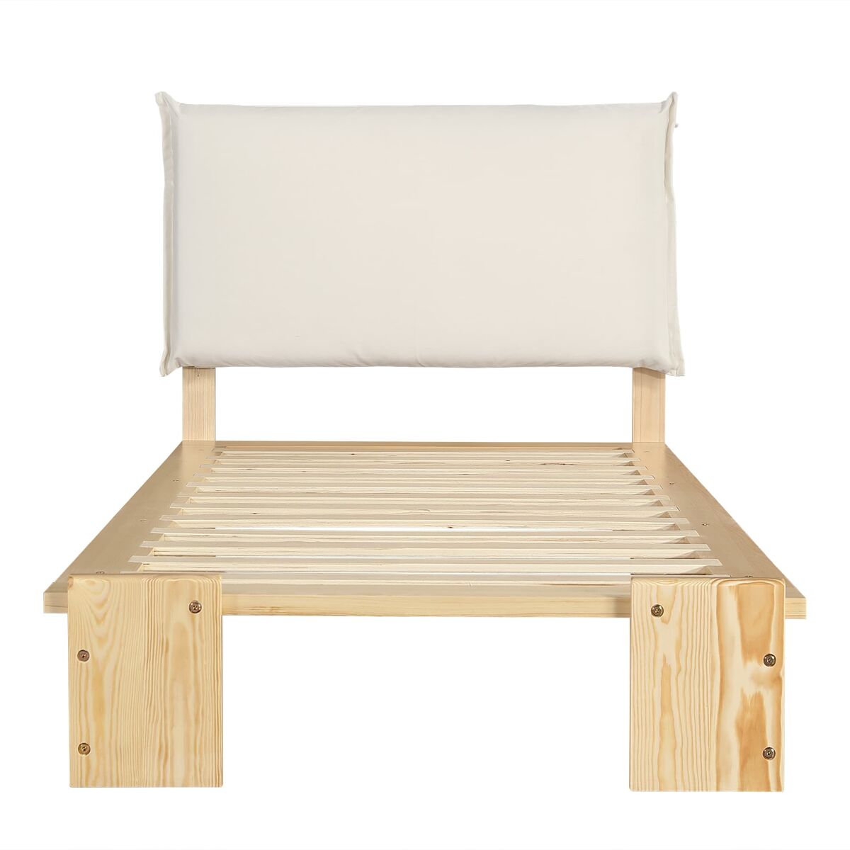 Cama individual 90x200 cm - cabeceira acolchoada, estrado estável, pés largos - natural