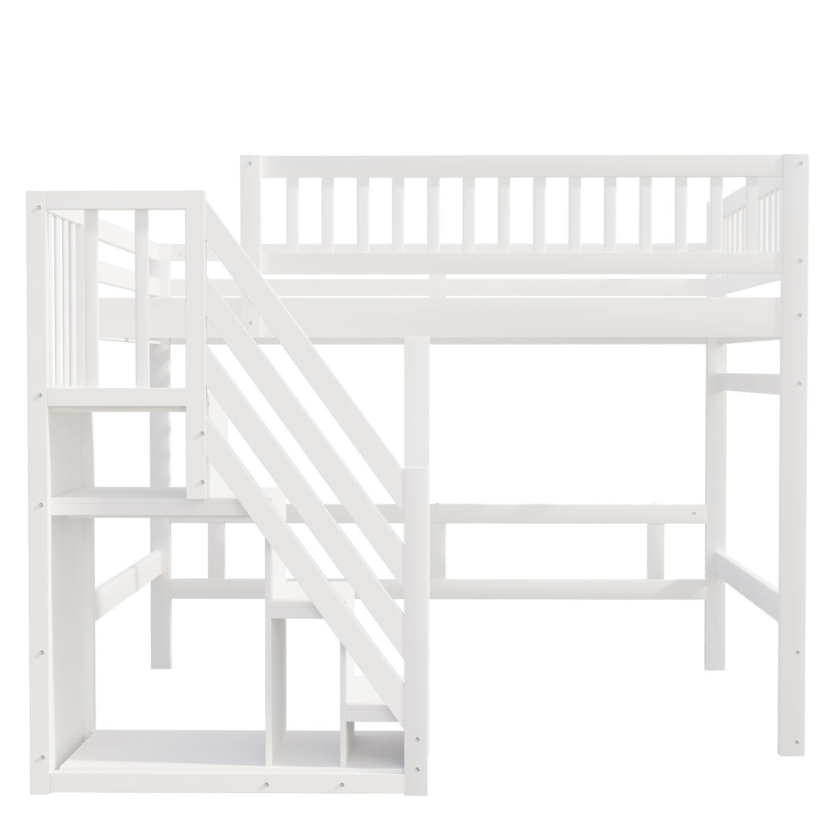 Cama alta em madeira maciça 140x200 - com escada, armário de arrumação e grade alta, cama para crianças e jovens - branco