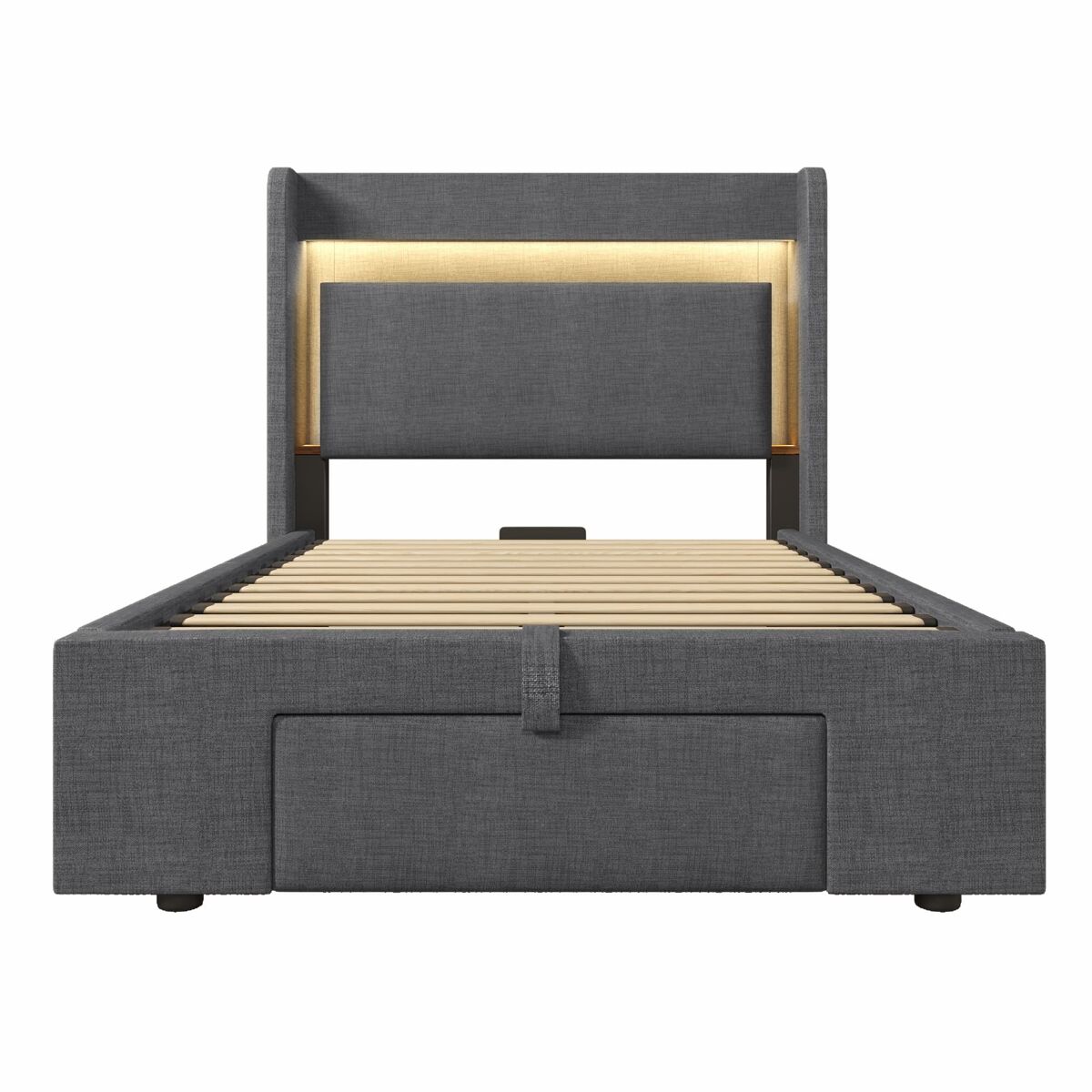 Cama estofada 90x200 - armazenamento hidráulico, cabeceira com led e usb - cinza