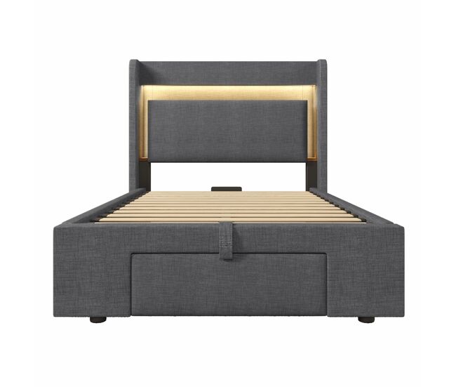 Cama estofada 90x200 - armazenamento hidráulico, cabeceira com led e usb - cinza