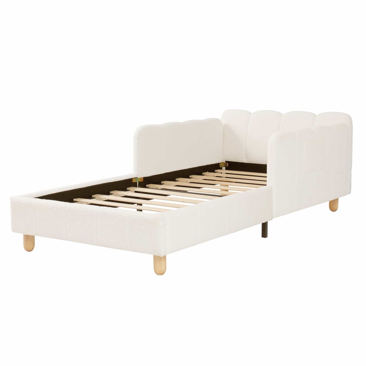 Cama individual 90x200 cm - com cabeceira acolchoada e proteção anti-queda, pés em madeira maciça, tecido bouclé - bege