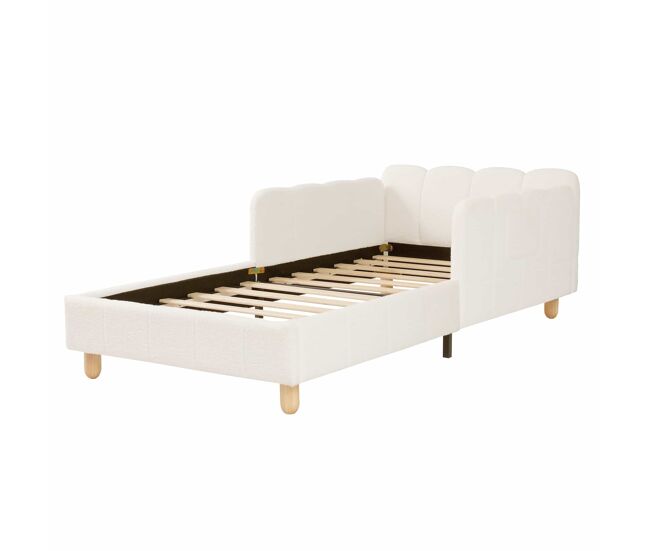 Cama individual 90x200 cm - com cabeceira acolchoada e proteção anti-queda, pés em madeira maciça, tecido bouclé - bege