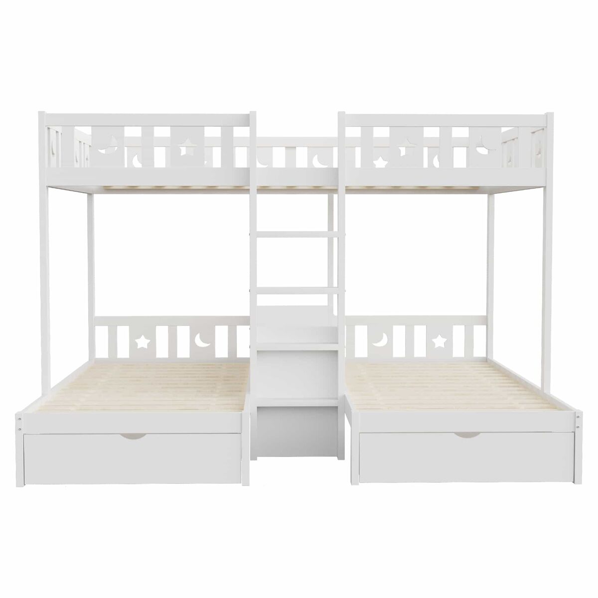 Beliche triplo alto 140×200 cm + 90×200 cm - com escada, espaço de arrumação e duas gavetas, grade de segurança com desenhos de estrelas e lua, estrutura em madeira maciça, cama infantil - branco