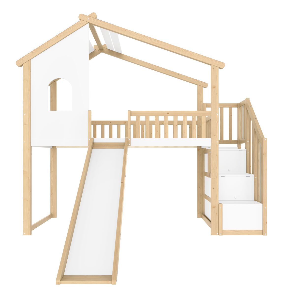 Cama alta 90x200cm - grade de cama, escada com arrumação, janela, escorrega, ripa de casa - natural+branco