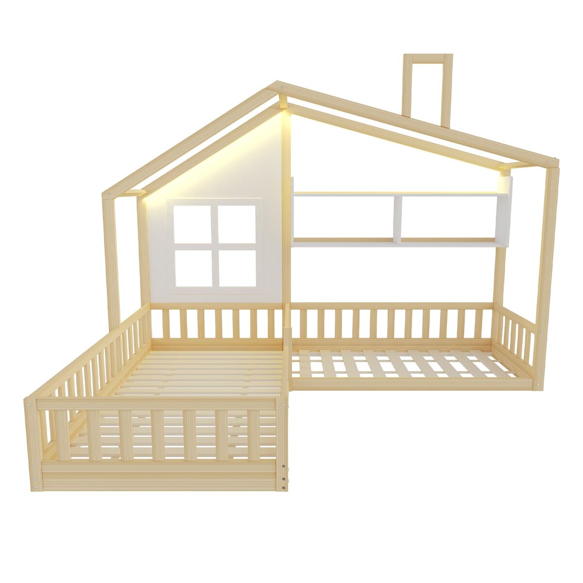 Cama infantil 90x200 cm - com janela, prateleiras, led, gaveta e grade - madeira natural/branco