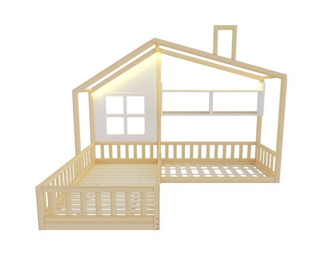 Cama infantil 90x200 cm - com janela, prateleiras, led, gaveta e grade - madeira natural/branco