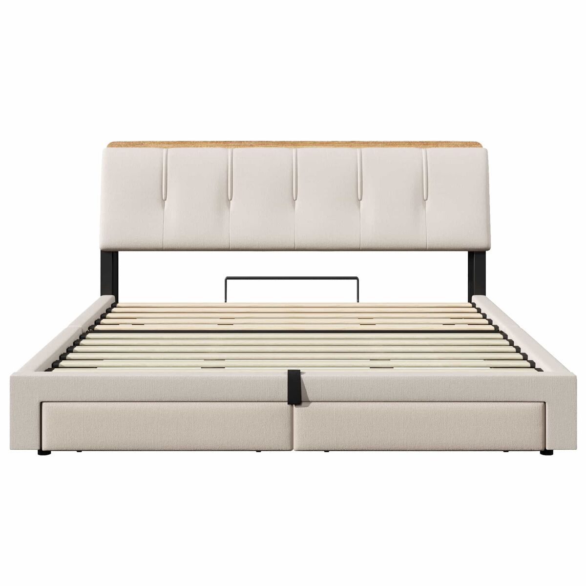 Cama estofada 180x200 cm - armazenamento hidráulico, usb tipo-c, led, multifuncional, lona - bege