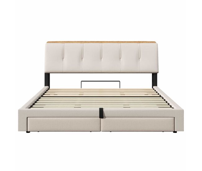 Cama estofada 180x200 cm - armazenamento hidráulico, usb tipo-c, led, multifuncional, lona - bege
