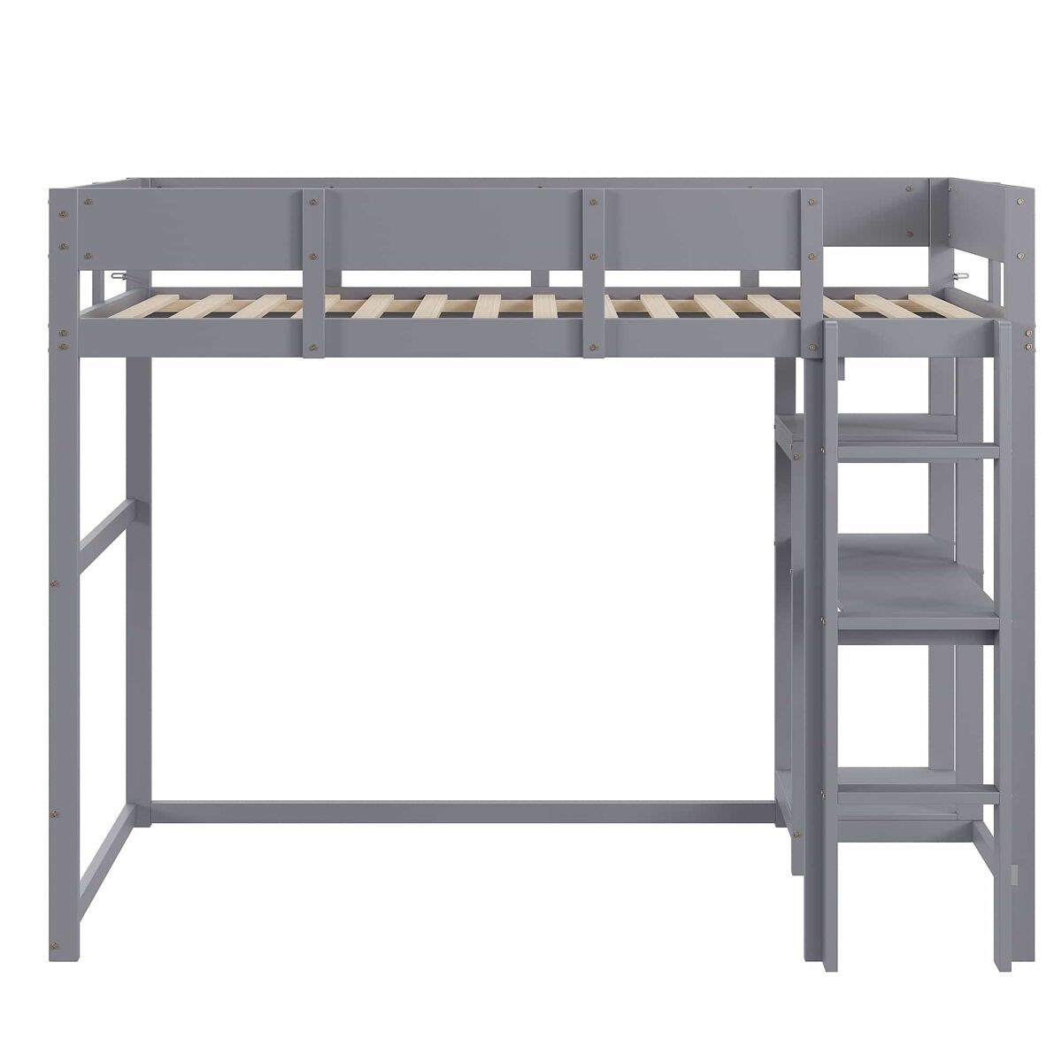 Cama alta 90x200 cm - estrutura em madeira maciça de pinho com prateleira e base de colchão, para crianças e adolescentes - cinza